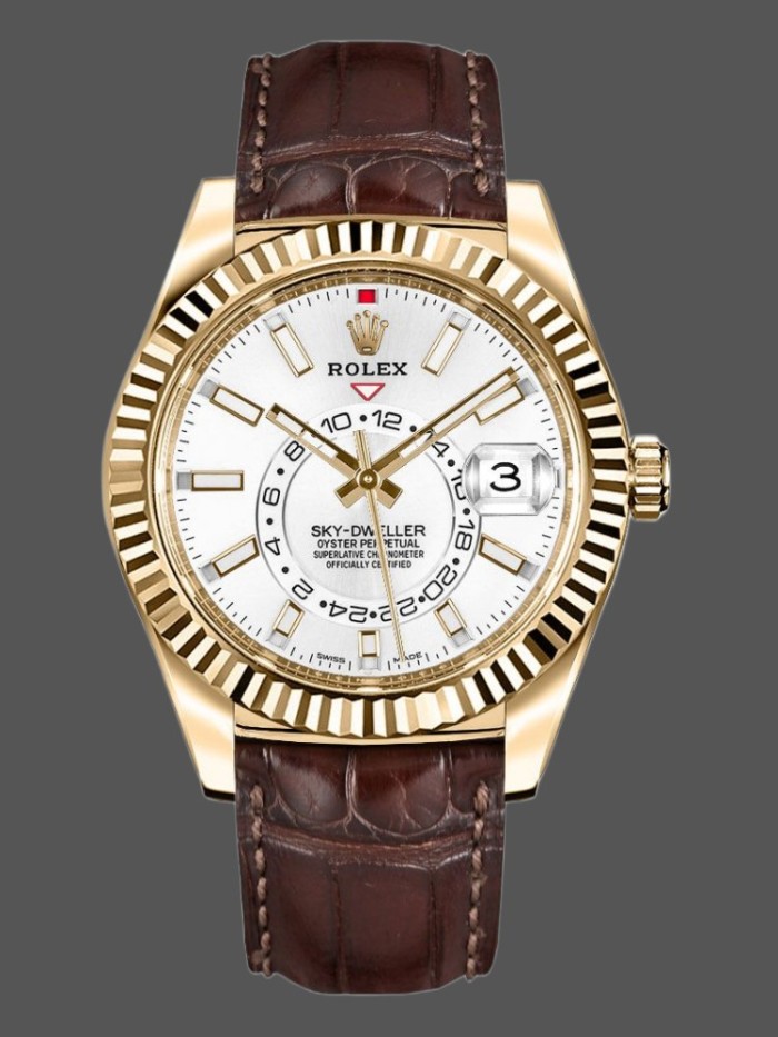 Rolex Sky-Dweller 326138 White Dial Yellow Gold 42MM Mens Replica Watch