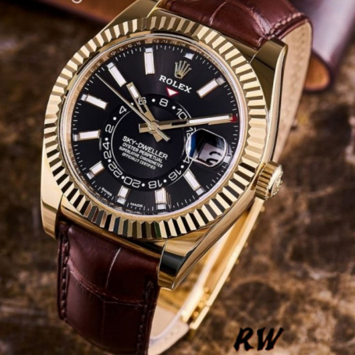 Rolex Sky-Dweller 326138 Black Dial Yellow Gold 42MM Mens Replica Watch