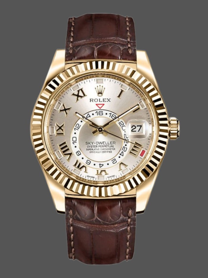 Rolex Sky-Dweller 326138 Sunray Silver Dial Yellow Gold 42MM Mens Replica Watch