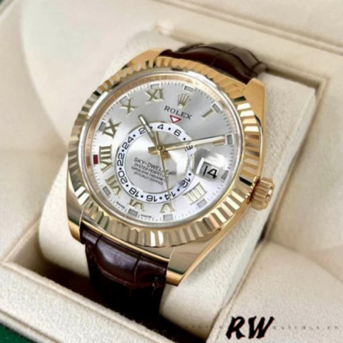 Rolex Sky-Dweller 326138 Sunray Silver Dial Yellow Gold 42MM Mens Replica Watch