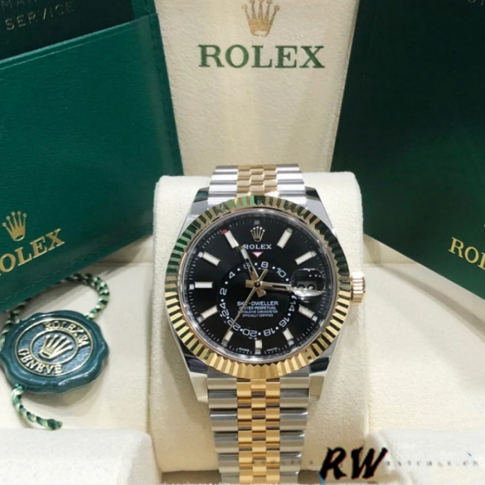 Rolex Sky-Dweller 326933 Stainless Steel Yellow Gold Black Dial 42MM Mens Replica Watch
