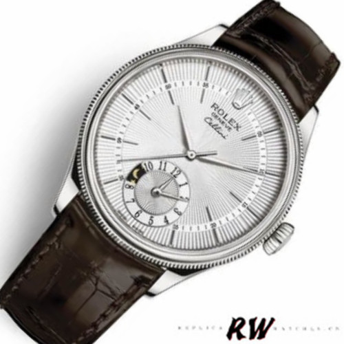 Rolex Cellini Dual Time 50529 Silver Dial Brown Strap 39mm Mens Replica Watch
