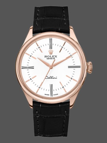 Rolex Cellini Time 50505 Black Leather Strap White Dial 39mm Mens Replica Watch