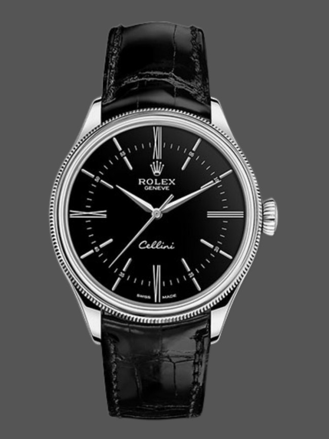 Rolex Cellini Time 50509 Black Leather Strap Black Dial 39mm Mens Replica Watch