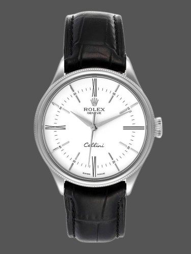 Rolex Cellini Time 50509 Black Leather Strap White Dial 39mm Mens Replica Watch