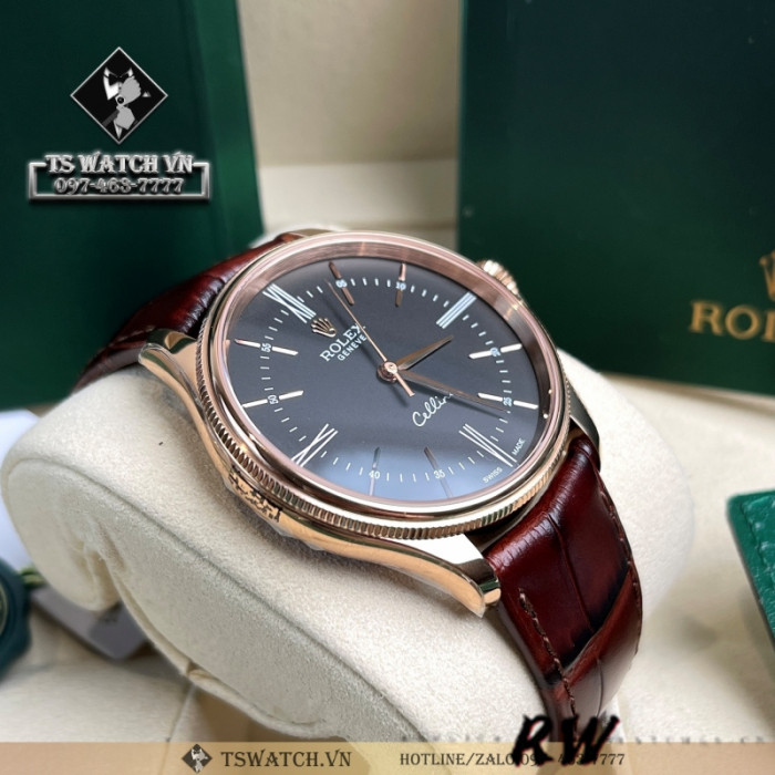 Rolex Cellini Time 50505 Brown Leather Strap Black Dial 39mm Mens Replica Watch