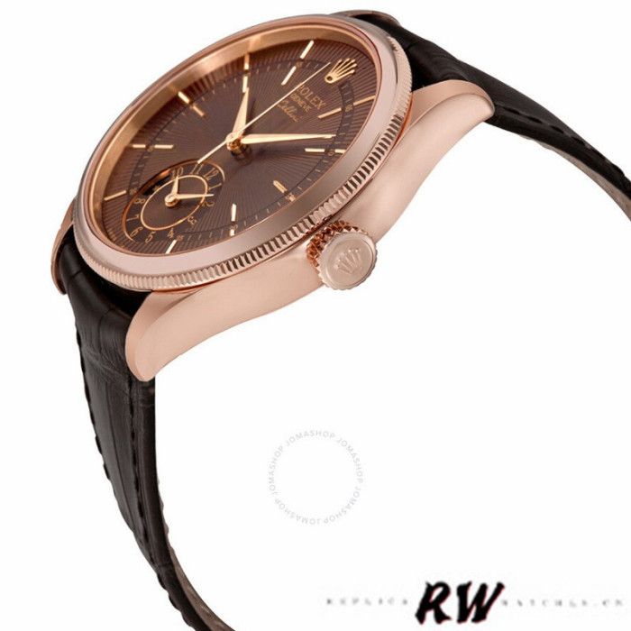 Rolex Cellini Dual Time 50525 Brown Guilloche Dial Brown Leather Strap 39mm Mens Replica Watch
