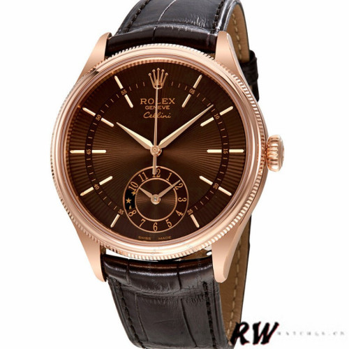 Rolex Cellini Dual Time 50525 Brown Guilloche Dial Brown Leather Strap 39mm Mens Replica Watch