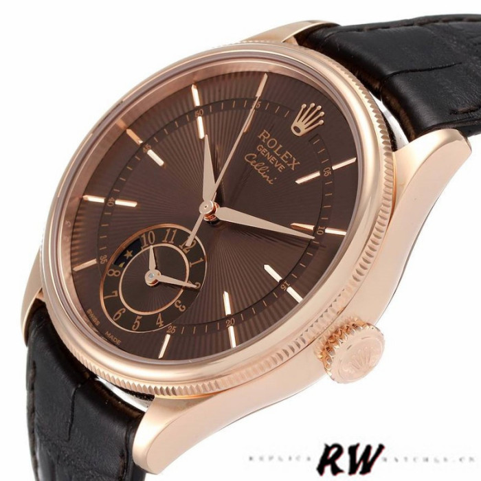 Rolex Cellini Dual Time 50525 Brown Guilloche Dial Black Leather Strap 39mm Mens Replica Watch