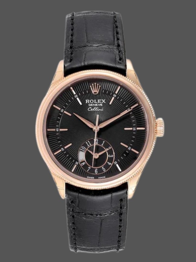 Rolex Cellini Dual Time 50525 Black Dial Black Leather Strap 39mm Mens Replica Watch