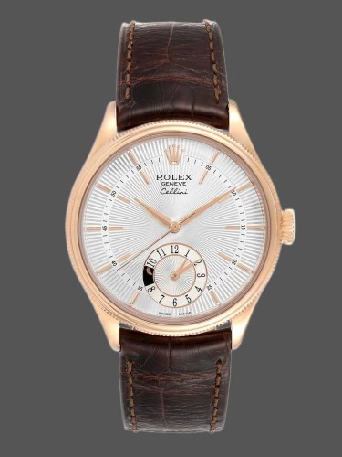 Rolex Cellini Dual Time 50525 Silver Dial Brown Leather Strap 39mm Mens Replica Watch