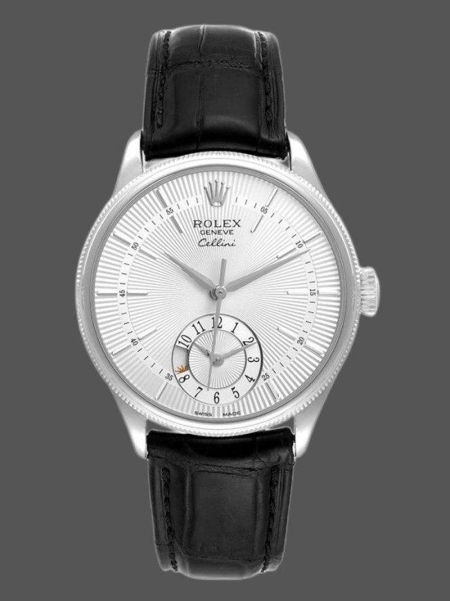 Rolex Cellini Dual Time 50529 Silver Sunburst Dial Black Leather Strap 39mm Mens Replica Watch