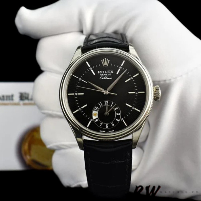 Rolex Cellini Dual Time 50529 Black Dial White Gold 39mm Mens Replica Watch