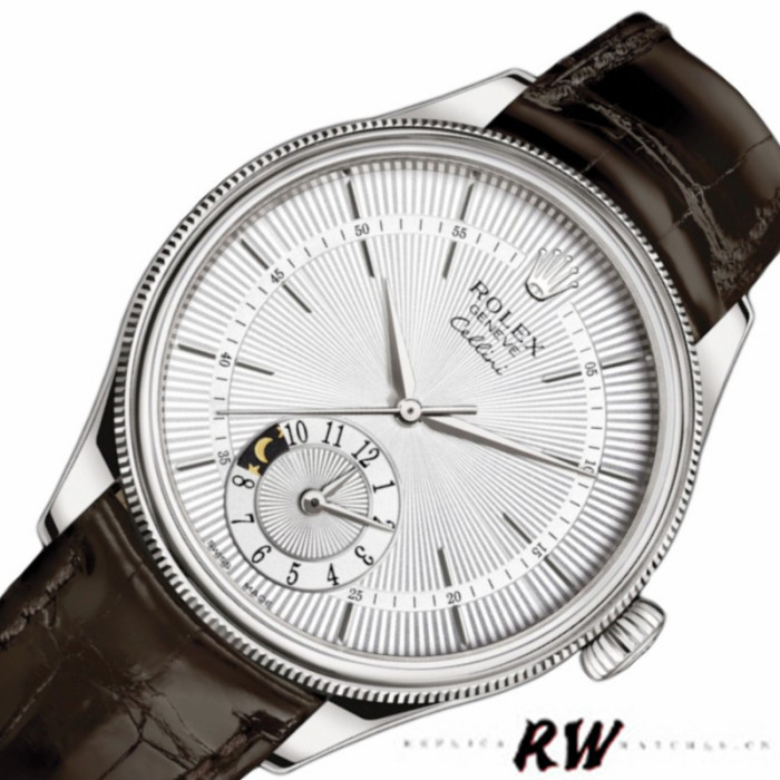 Rolex Cellini Dual Time 50529 Silver Sunburst Dial Brown Leather Strap 39mm Mens Replica Watch