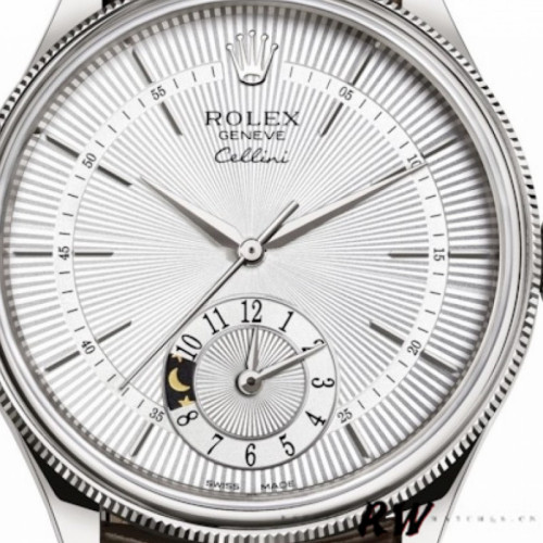 Rolex Cellini Dual Time 50529 Silver Sunburst Dial Brown Leather Strap 39mm Mens Replica Watch