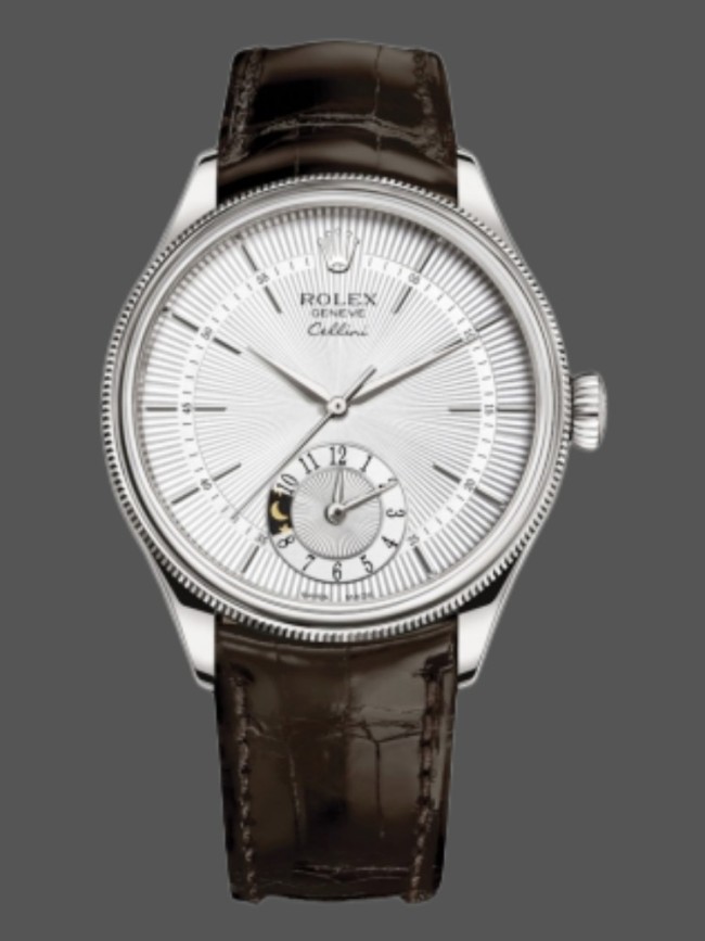 Rolex Cellini Dual Time 50529 Silver Sunburst Dial Brown Leather Strap 39mm Mens Replica Watch