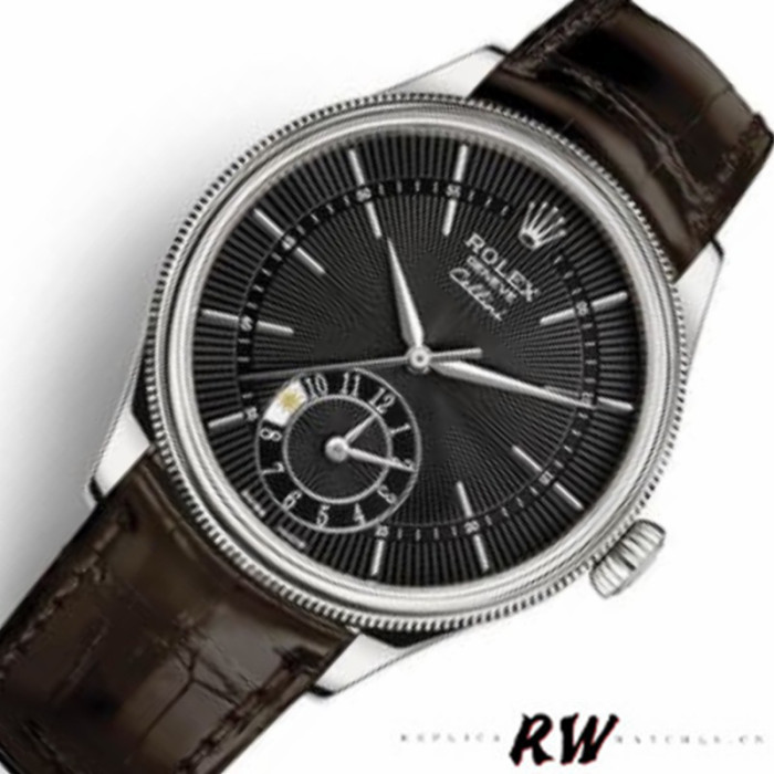 Rolex Cellini Dual Time 50529 Black Dial Brown Leather Strap 39mm Mens Replica Watch