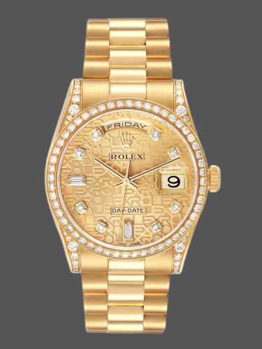Rolex Day-Date 118388 Yellow Gold Champagne Diamond Dial 36MM Unisex Replica Watch