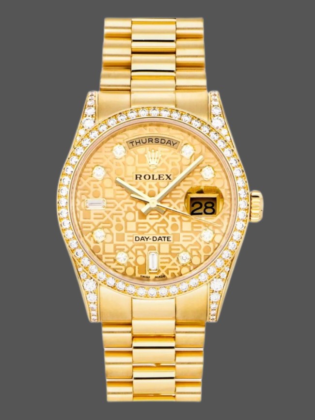 Rolex Day-Date 118388 Champagne Jubilee Diamond Dial Yellow Gold 36MM Unisex Replica Watch