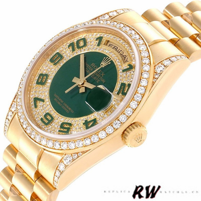 Rolex Day-Date 118388 Yellow Gold Green Enamel Diamond Dial 36MM Unisex Replica Watch