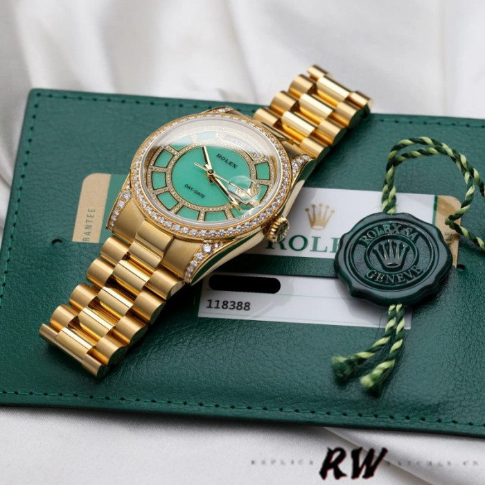 Rolex Day-Date 118388 Yellow Gold Green Diamond Diamond Dial 36MM Unisex Replica Watch