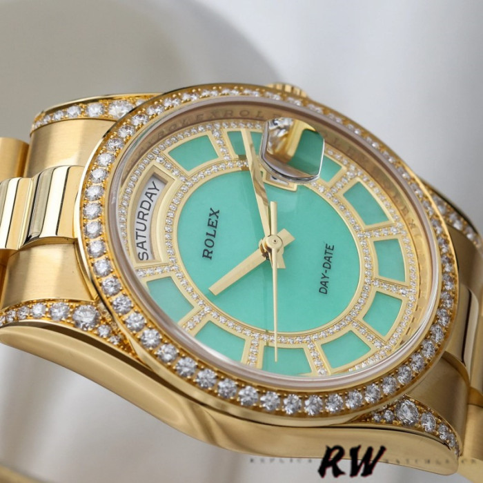 Rolex Day-Date 118388 Yellow Gold Green Diamond Diamond Dial 36MM Unisex Replica Watch