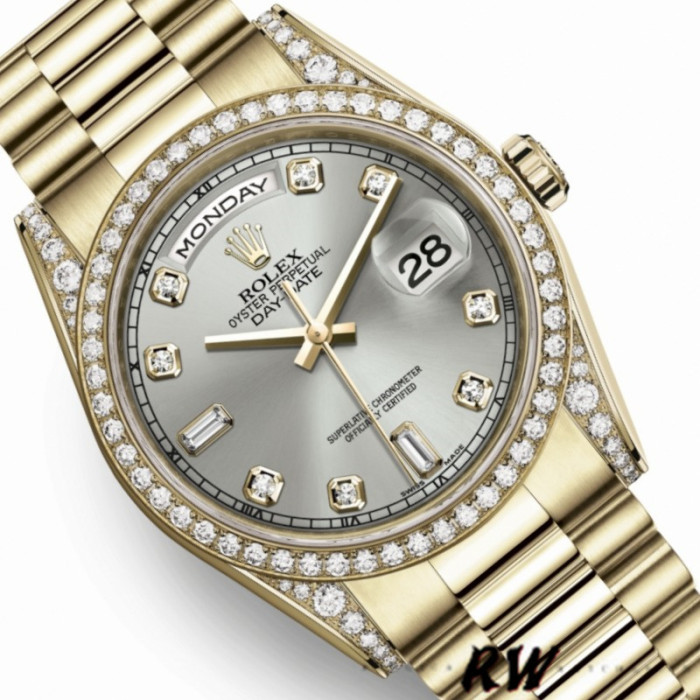 Rolex Day-Date 118388 Yellow Gold Silver Diamond Dial 36MM Unisex Replica Watch