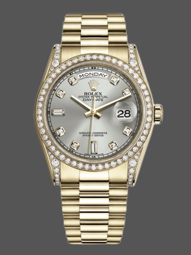 Rolex Day-Date 118388 Yellow Gold Silver Diamond Dial 36MM Unisex Replica Watch