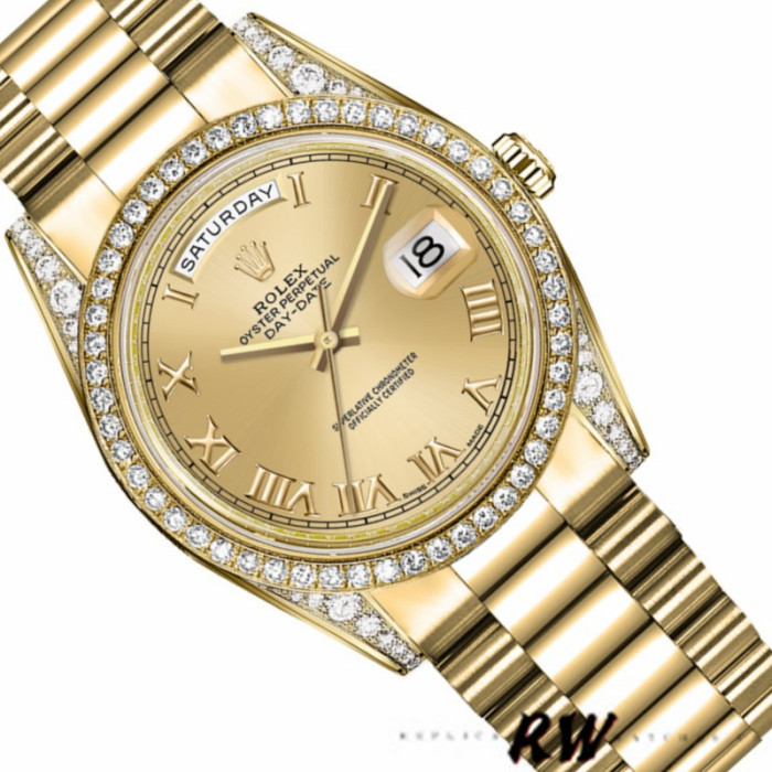 Rolex Day-Date 118388 Diamond Bezel Champagne Roman Numeral Dial 36MM Unisex Replica Watch