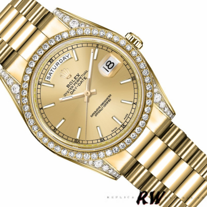 Rolex Day-Date 118388 Diamond Bezel Champagne Index Dial 36MM Unisex Replica Watch