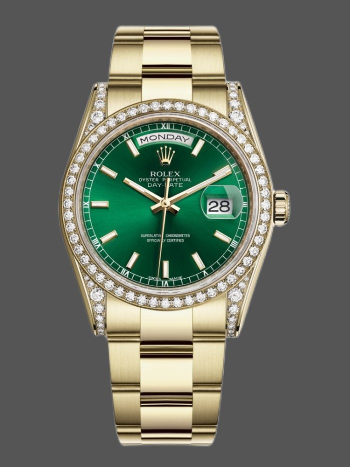 Rolex Day-Date 118388 Diamond Dezel Green Index Dial 36MM Unisex Replica Watch