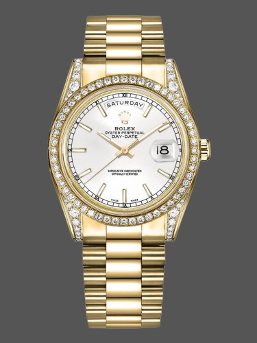 Rolex Day-Date 118388 Diamond Bezel White Dial 36MM Unisex Replica Watch