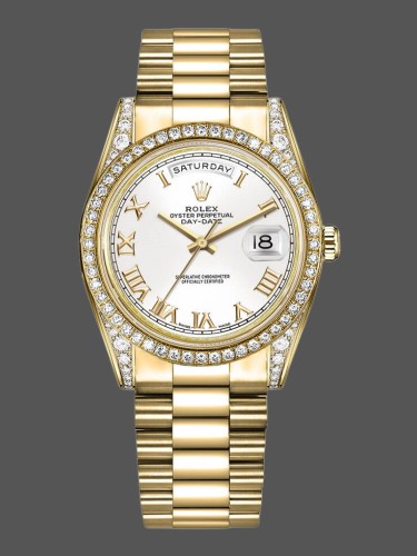 Rolex Day-Date 118388 Yellow Gold White Roman Numeral Dial 36MM Unisex Replica Watch