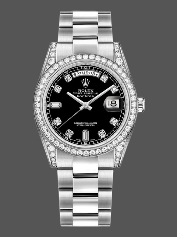 Rolex Day-Date 118389 Diamond Bezel Black Diamond Dial 36MM Unisex Replica Watch