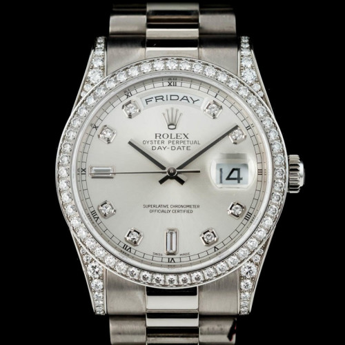 Rolex Day-Date 118389 White Gold Silver Diamond dial  36MM Unisex Replica Watch