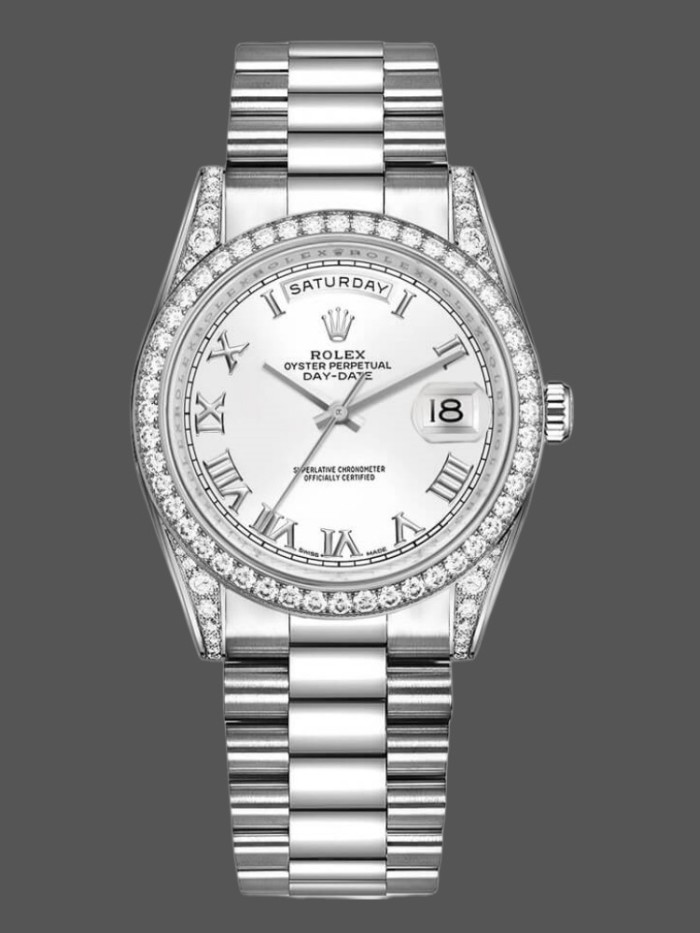 Rolex Day-Date 118389 White Gold White Roman Numeral Dial 36MM Unisex Replica Watch