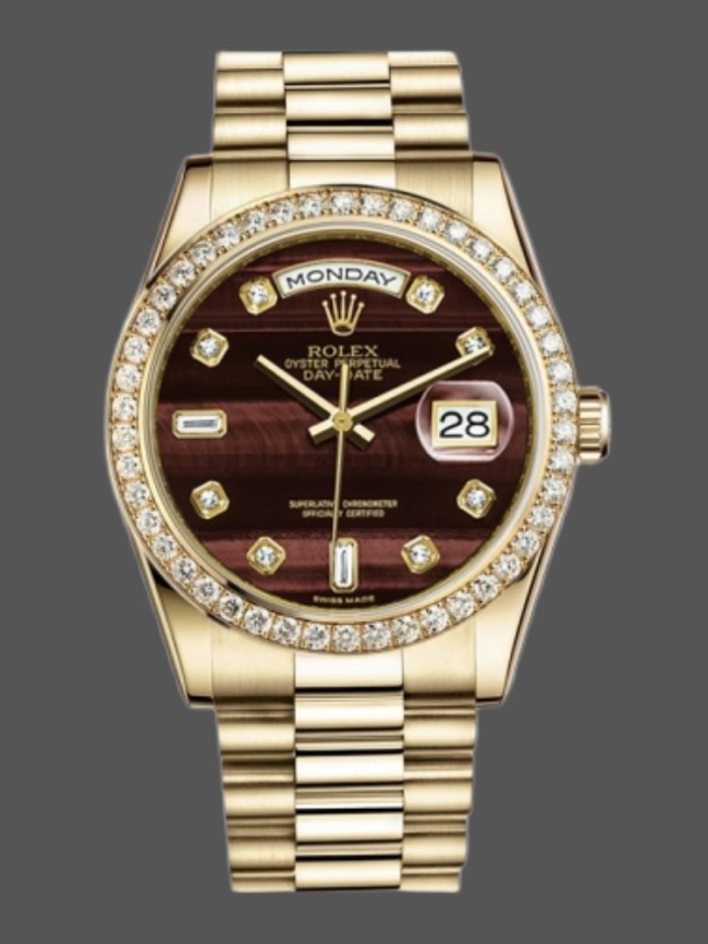 Rolex Day-Date 118398 Bulls Eye Brown Diamond Dial 36MM Unisex Replica Watch