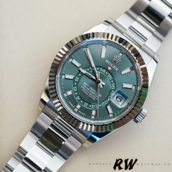 Rolex Sky-Dweller 336934 Fluted Bezel Green Dial 42MM Mens Replica Watch
