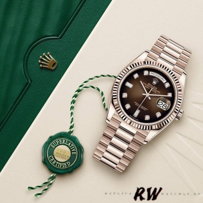 Rolex Day-Date 128235 Everose Gold Brown Ombre Diamond Dial 36MM Unisex Replica Watch