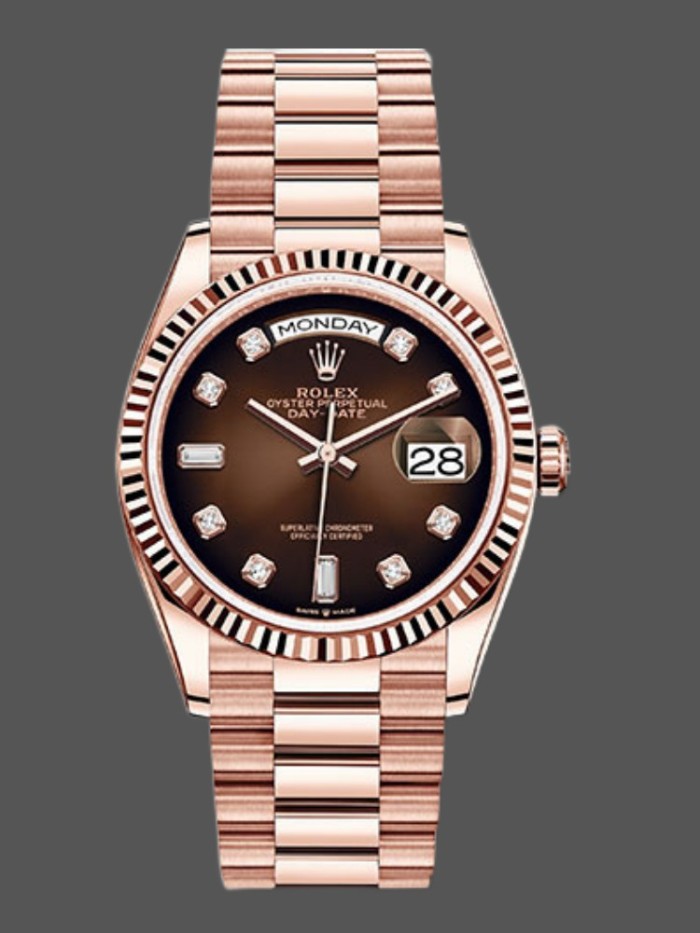 Rolex Day-Date 128235 Everose Gold Brown Ombre Diamond Dial 36MM Unisex Replica Watch