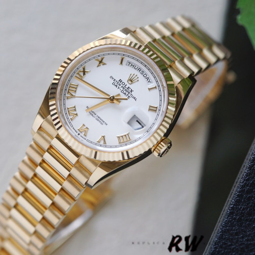 Rolex Day-Date 128238 Fluted Bezel White Roman Dial 36MM Replica Watch