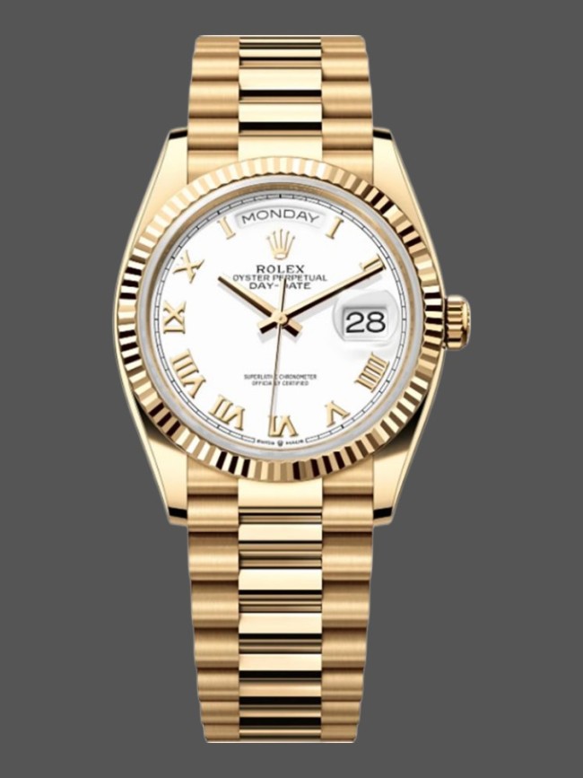 Rolex Day-Date 128238 Fluted Bezel White Roman Dial 36MM Replica Watch