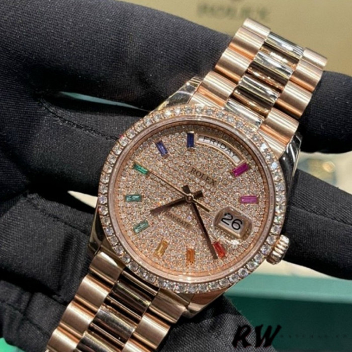 Rolex Day-Date 128345RBR Diamond Paved Dial Everose Gold 36MM Unisex Replica Watch