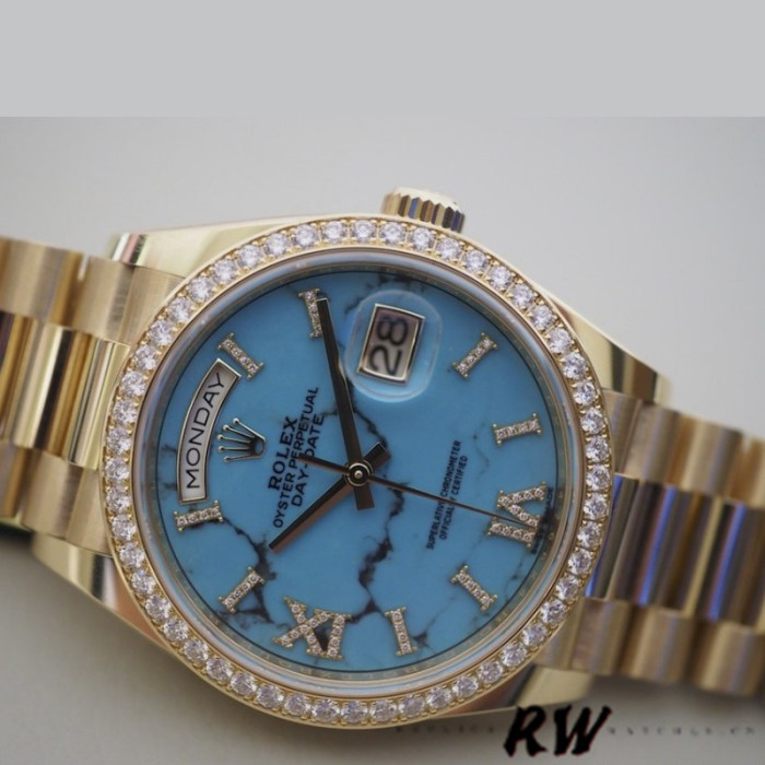 Rolex Day-Date 128348RBR Turquoise Diamond Dial Yellow Gold 36MM Unisex Replica Watch