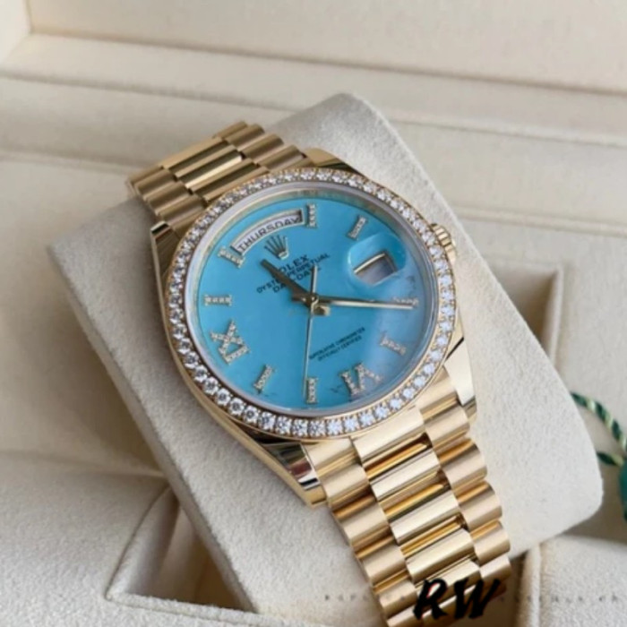 Rolex Day-Date 128348RBR Turquoise Diamond Dial Yellow Gold 36MM Unisex Replica Watch