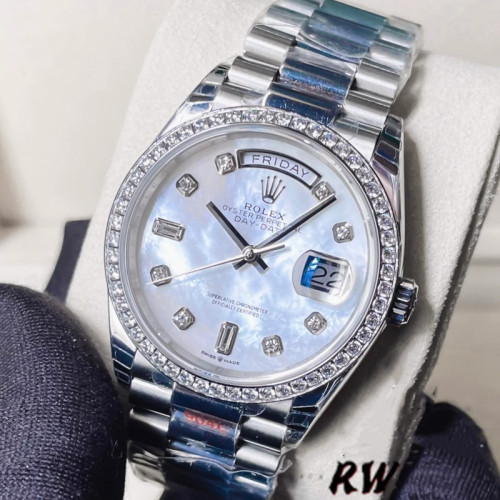 Rolex Day-Date 128349RBR White Mother of Pearl Dial Diamond Bezel 36MM Unisex Replica Watch