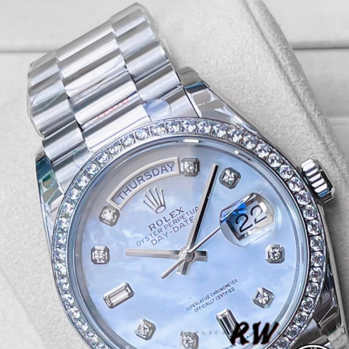 Rolex Day-Date 128349RBR White Mother of Pearl Dial Diamond Bezel 36MM Unisex Replica Watch