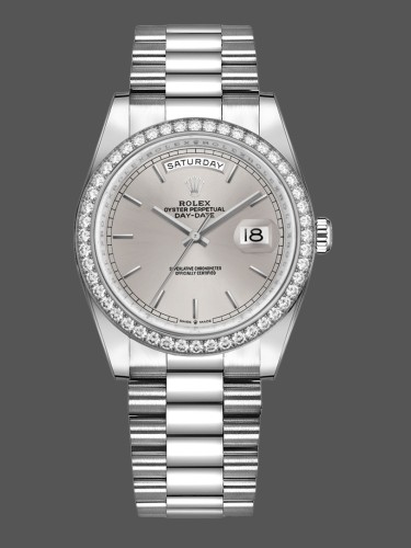 Rolex Day-Date 128349RBR Silver Index Dial Diamond Bezel 36MM Unisex Replica Watch