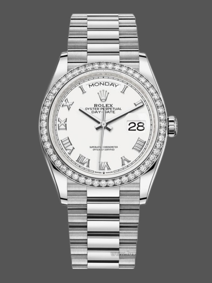 Rolex Day-Date 128349RBR White Roman Dial Diamond Bezel 36MM Unisex Replica Watch