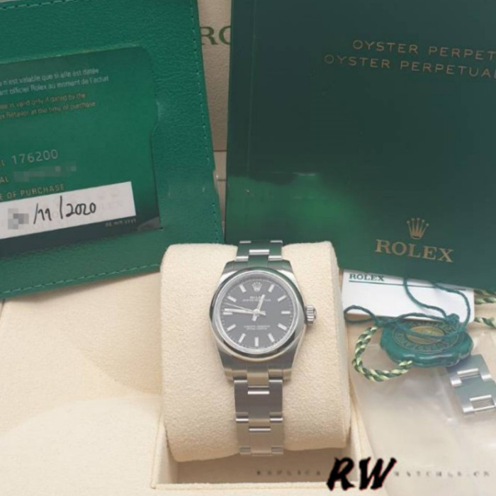 Rolex Oyster Perpetual 176200 Stainless Steel Black Index Dial 26MM Lady Replica Watch